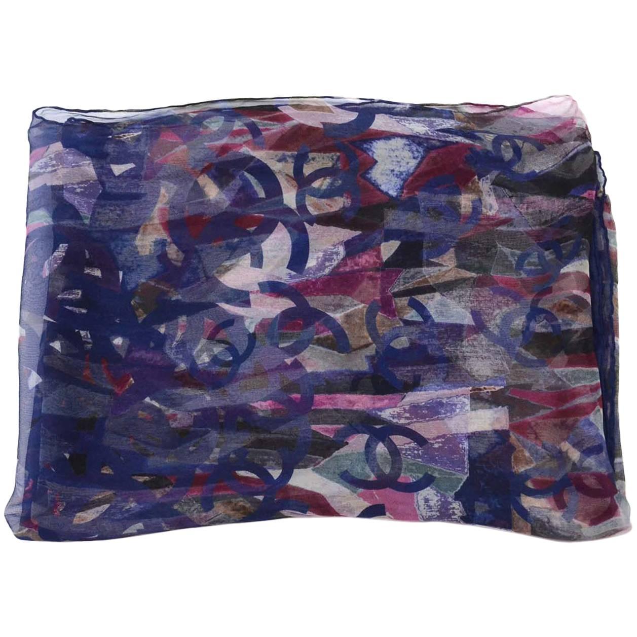 Chanel Navy and Purple Sheer CC Print Silk Scarf