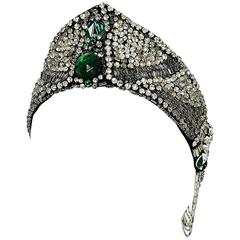 Antique 1920's Opulent Green-Jeweled Beaded Rhinestone Flapper Fringe Deco Headpiece 