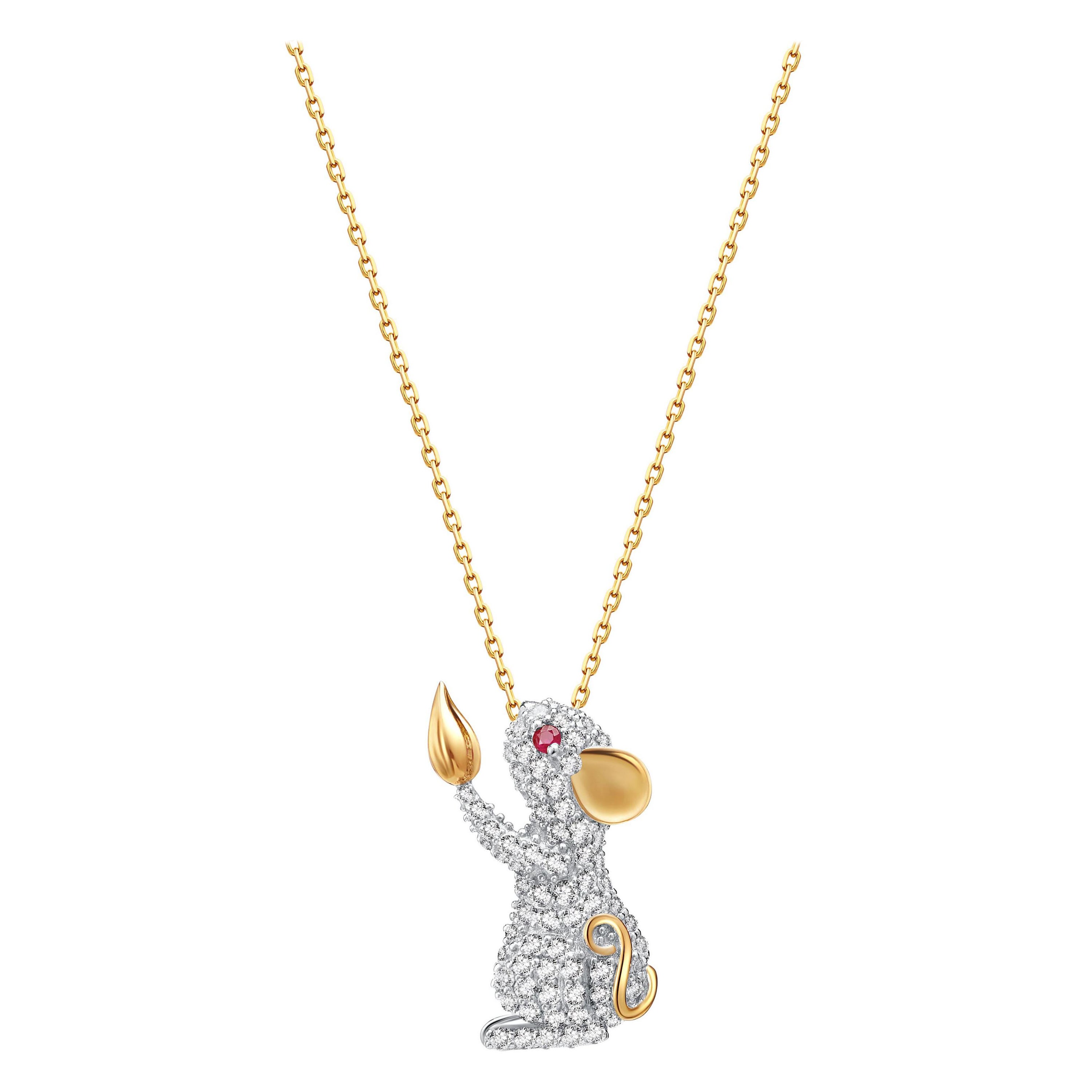 Red White Cubic Zirconia Gold Plated Sterling Silver Mouse Pendant Necklace