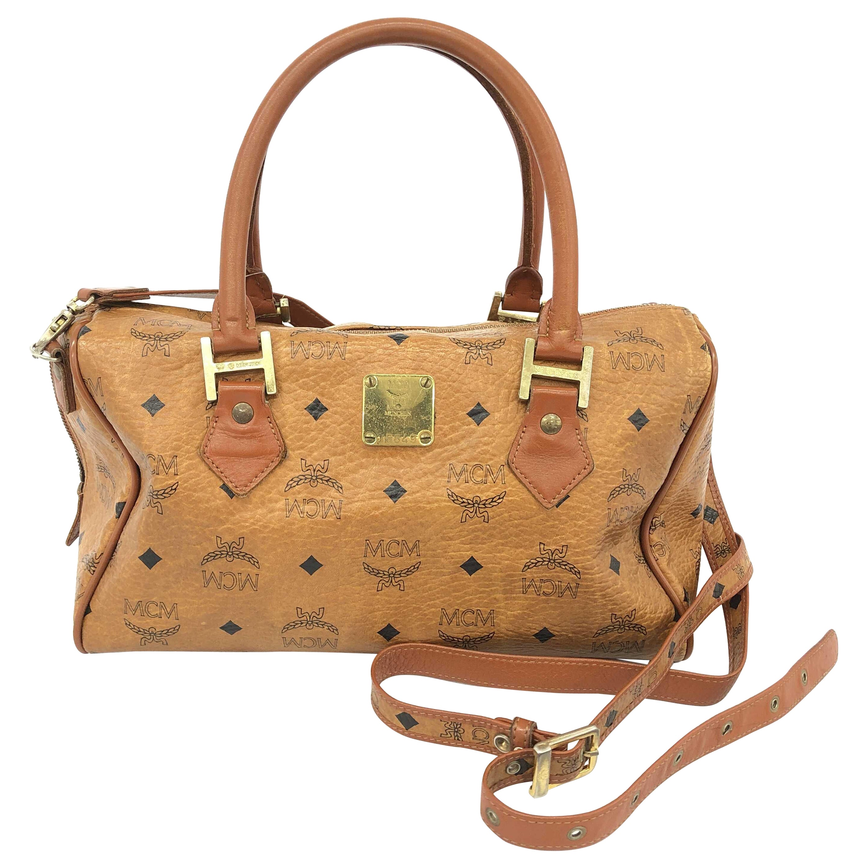 MCM Brown Monogram Visetos Canvas Leather Boston Bag For Sale at