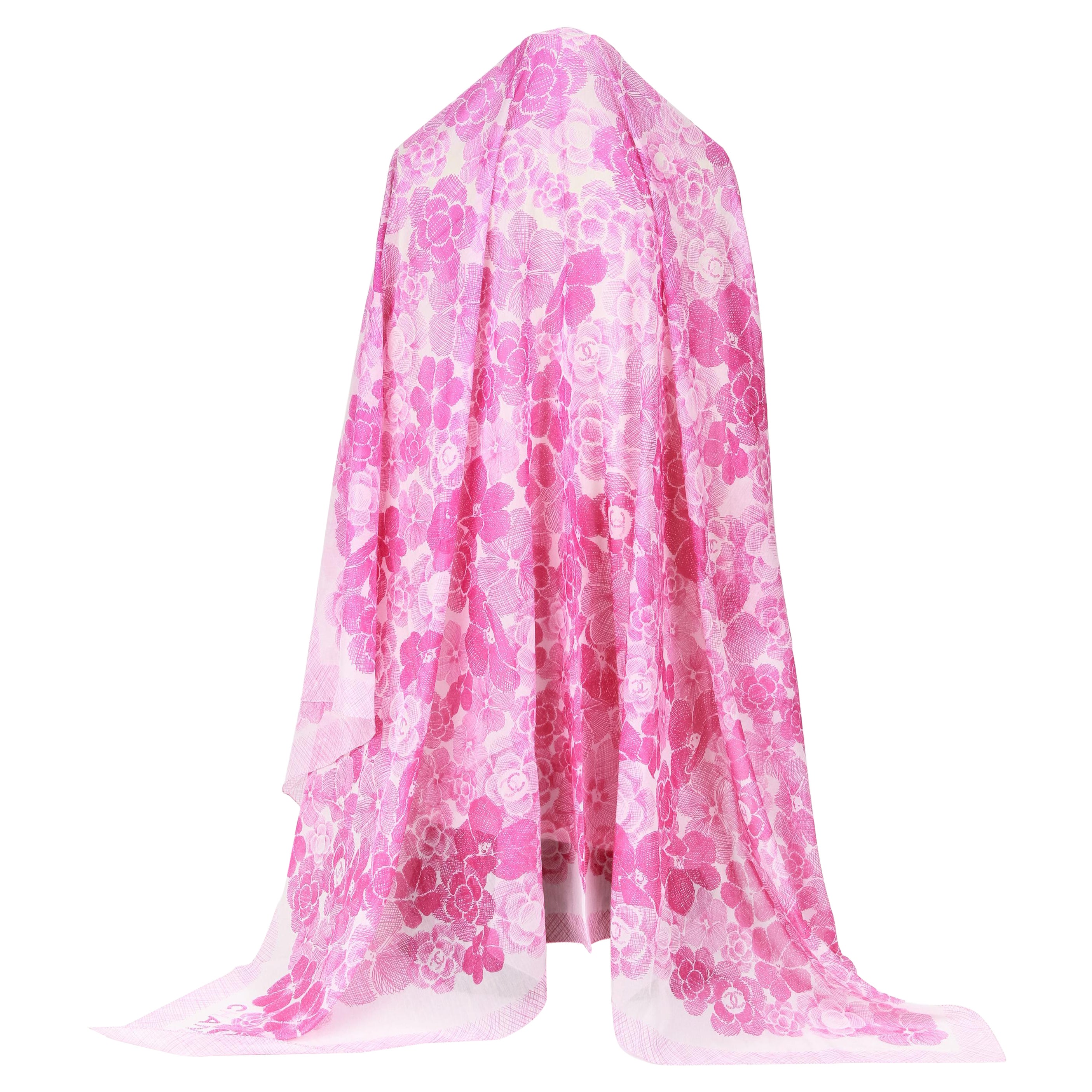 New Chanel Oversize Camellia  Silk Cotton Shawl Scarf For Sale