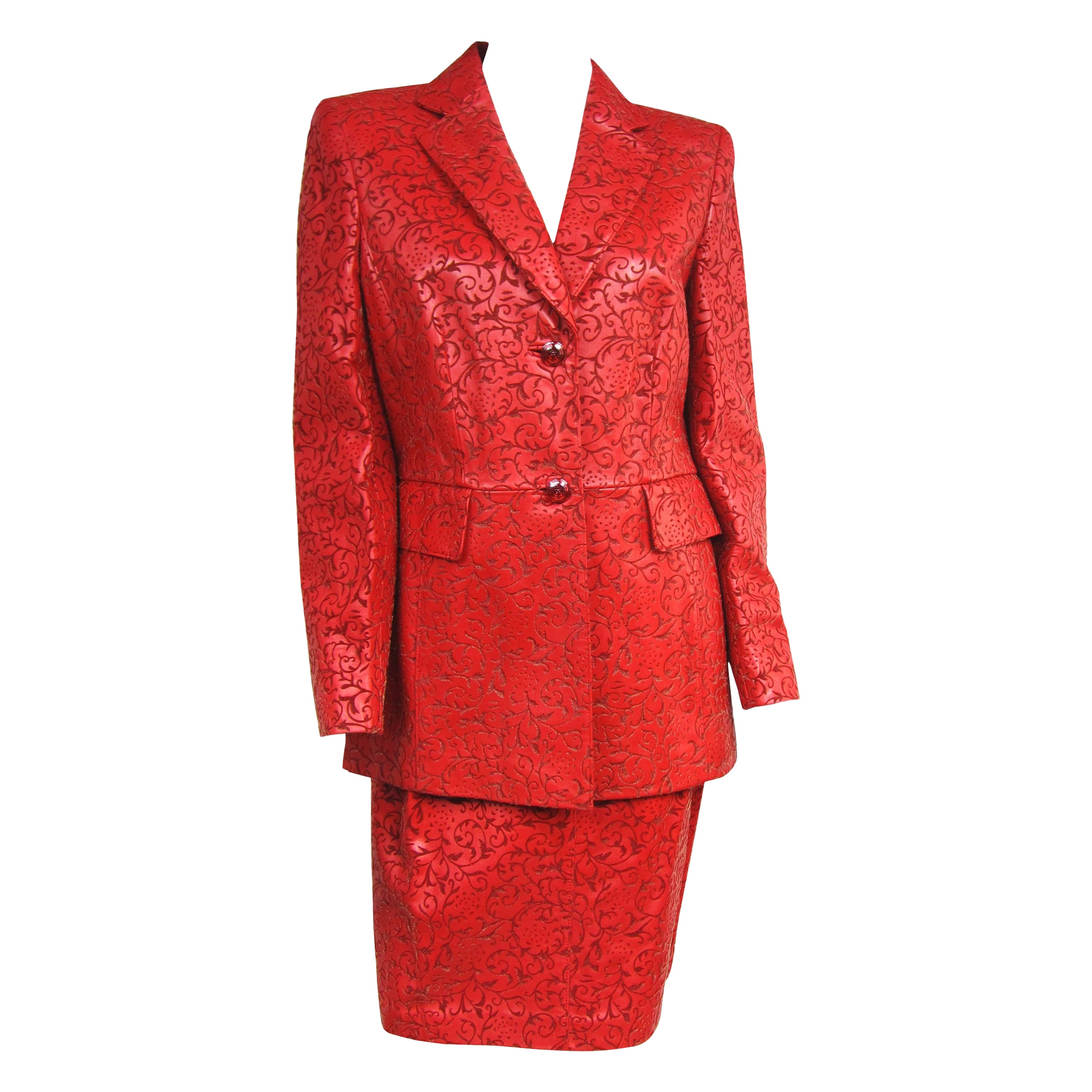 Escada Red Leather Jacket Blazer & Skirt  Paisley Embossed  New with tags For Sale