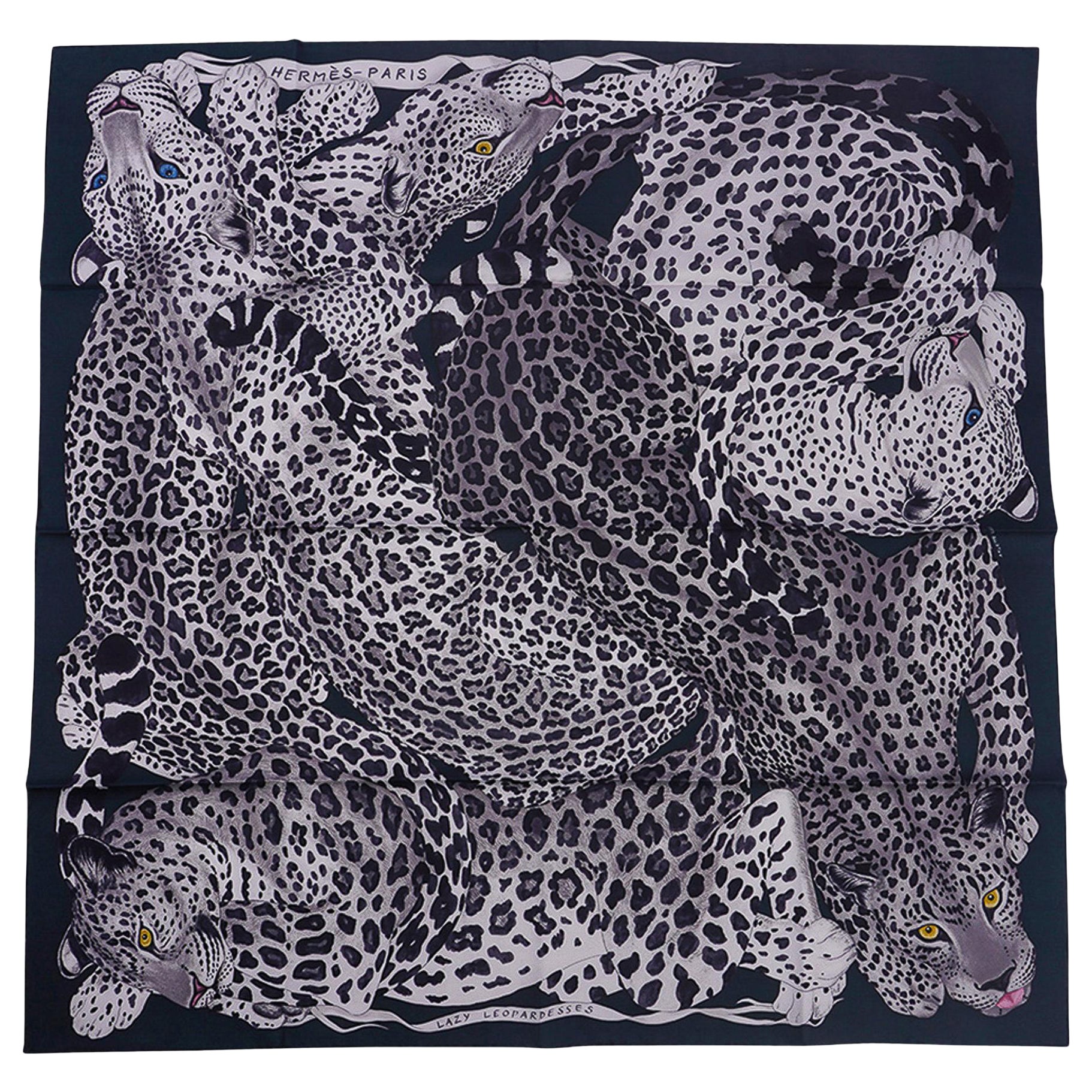 Hermes Lazy Leopardesses Scarf Vert Noir/ Gris Silk 90 New w/Box For Sale