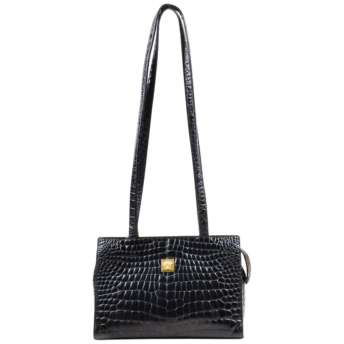 Vintage Gianni Versace Black Crocodile Embossed Leather Small Shoulder Bag For Sale
