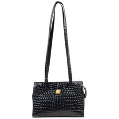 Vintage Gianni Versace Black Crocodile Embossed Leather Small Shoulder Bag