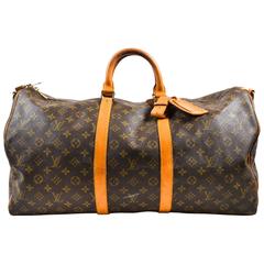 Vintage Louis Vuitton Brown Tan Coated Canvas Leather Monogram Keepall 55 Bag