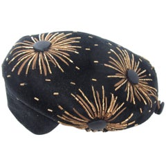 1950s Schiaparelli Black Velvet Beret with Bugle Beads and Starbursts