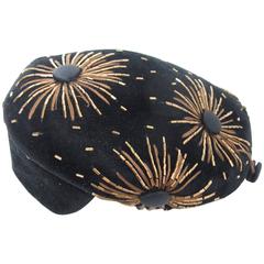 1950s Schiaparelli Black Velvet Beret with Bugle Beads and Starbursts 6