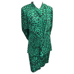 1980s Emerald and Black Elipse Print Tiered Button-Down Dress 