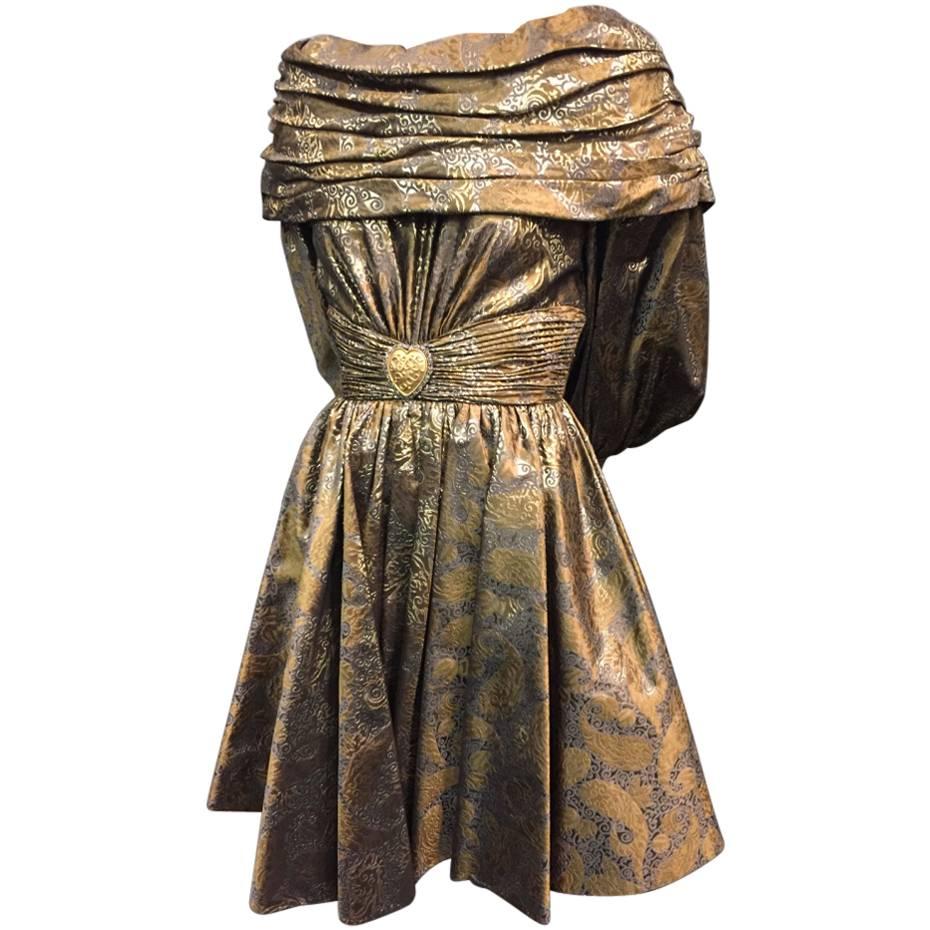 1980s Michael Casey Pewter and Copper Brocade Portrait Collar Cocktail Dress