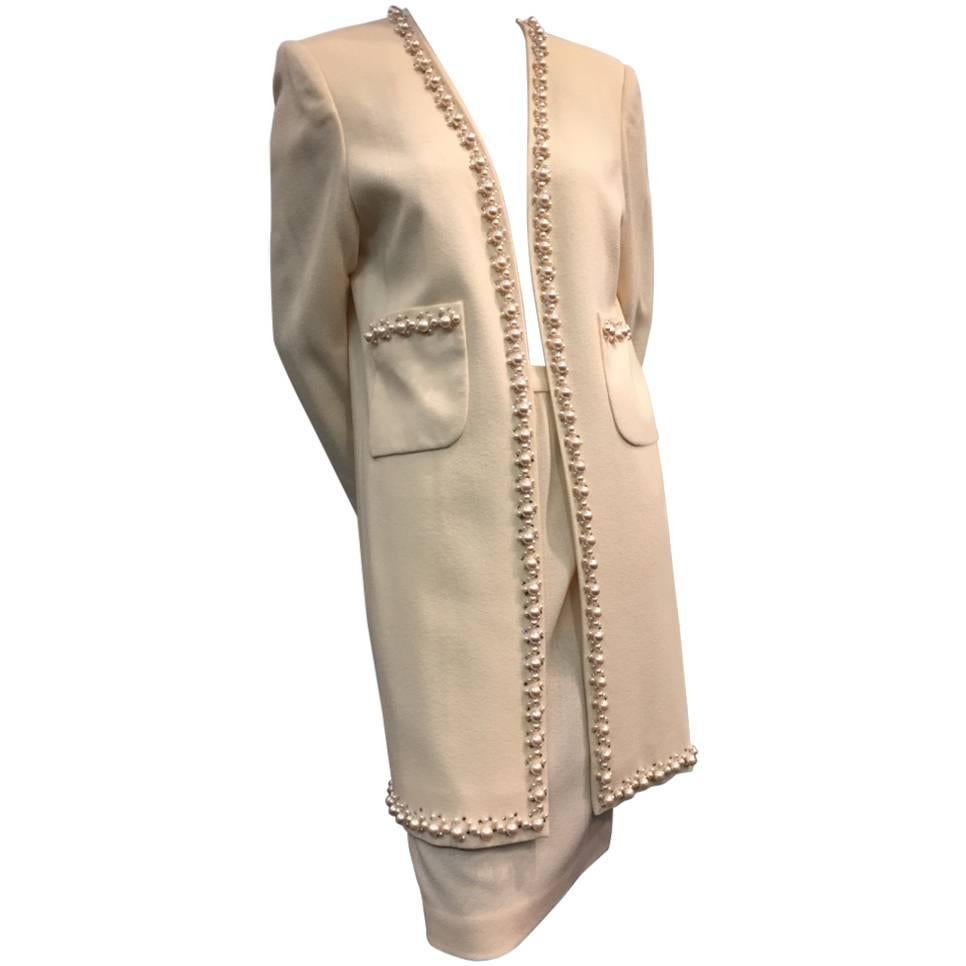 1980s David Hayes Cream Wool Skirt and Long Pearl and Rhinestone Trimmed Jacke For Sale