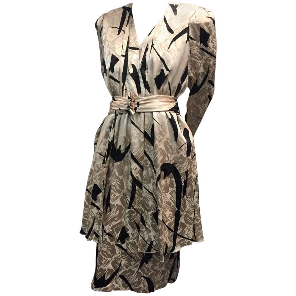 1980s Saint Romei Abstract Calligraphy-Inspired Silk Dress and Duster Ensemble