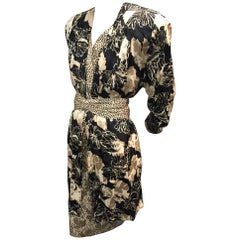 Vintage 1980s Saint Romei Silk Jacquard Dress and Jacket Ensemble in Ecru and Black