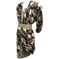 1980s Saint Romei Silk Jacquard Dress and Jacket Ensemble in Ecru and Black