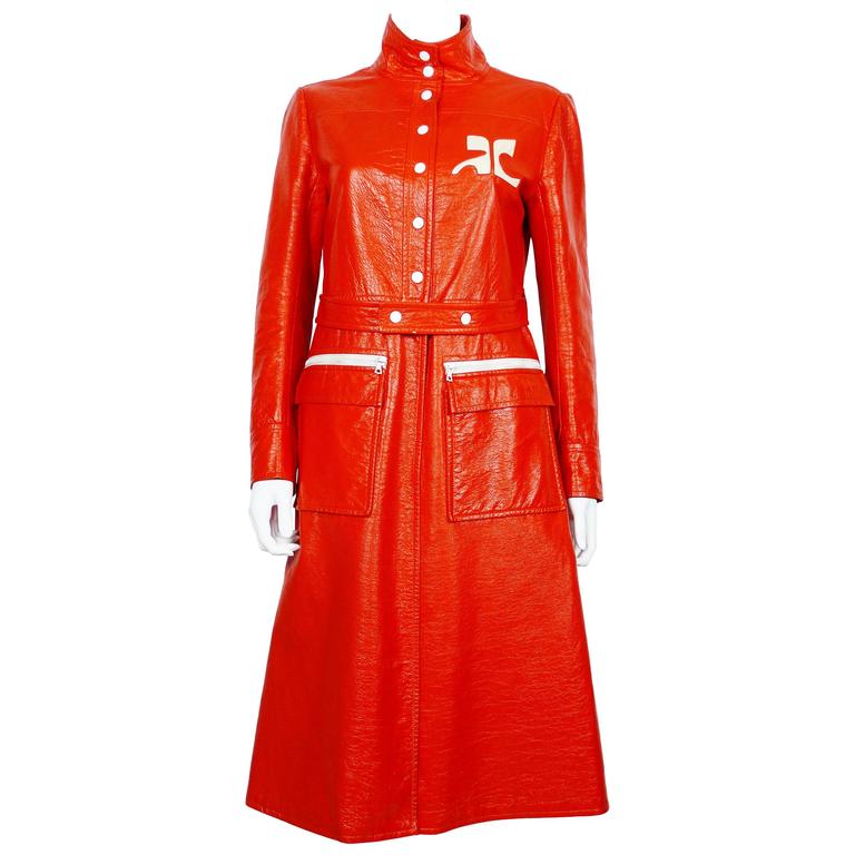 Andre Courreges Vintage Orange Vinyl Trench Coat with Oversized Logo at  1stDibs