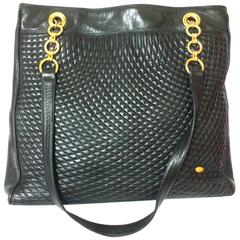 Retro Bally classic black quilted leather large shopper tote bag with logo.