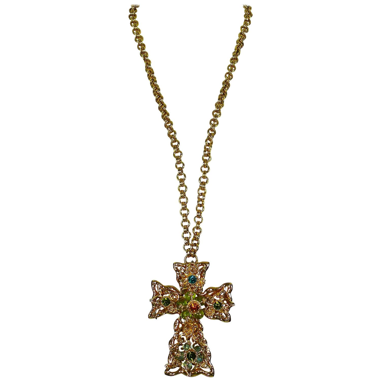 Christian Lacroix Vintage Massive Jewelled Cross Pendant Necklace Rare For Sale at 1stdibs