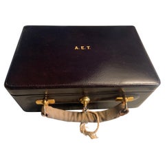 Antique Cartier, Paris Black Leather and  Velvet Lined Jewelry Box and Key