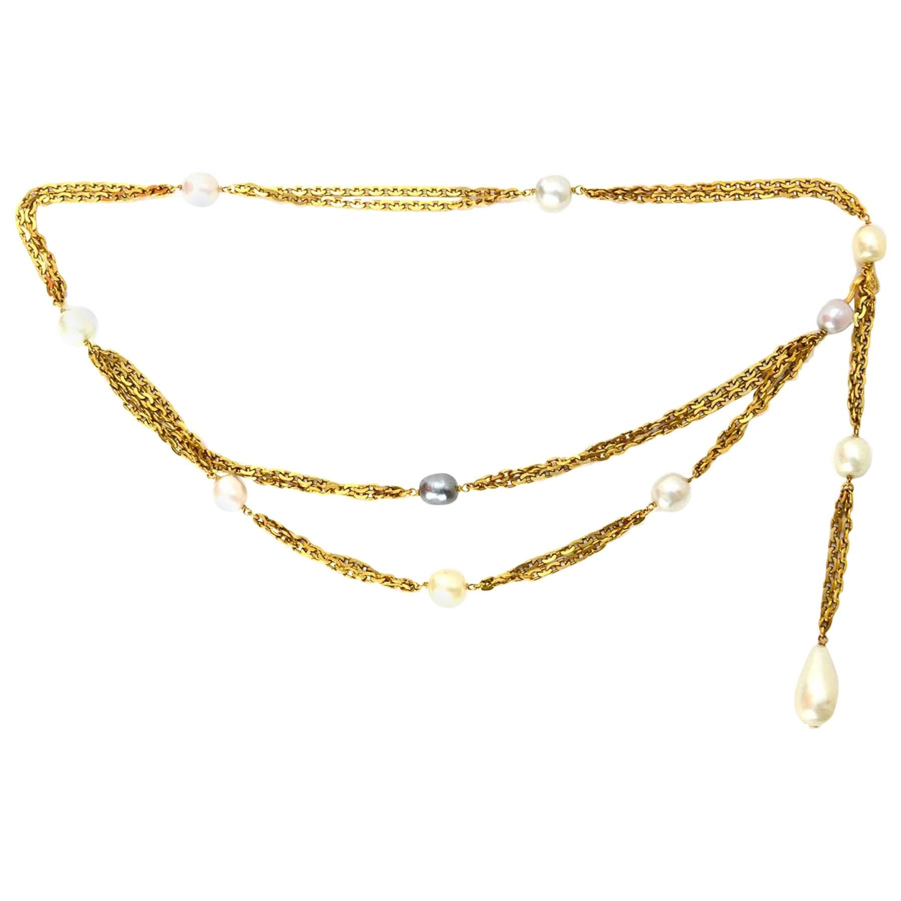 Chanel 1990s Goldtone and Faux Pearl Chain-link Belt 30"