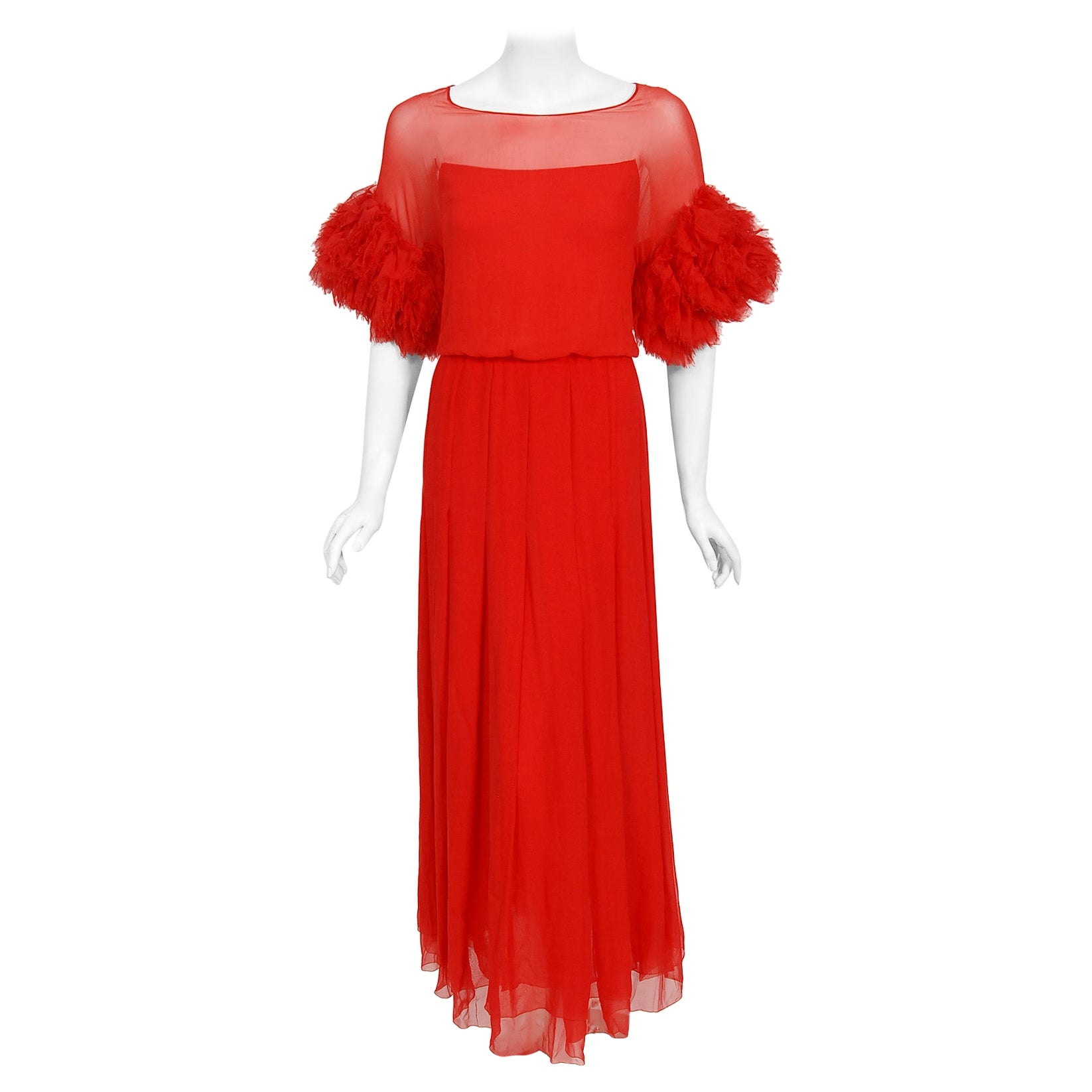 Vintage 1984 Chanel by Karl Lagerfeld Runway Red Silk Chiffon Ruffle-Sleeve Gown