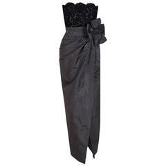 1982 Christian Dior Haute-Couture Lace Illusion & Charcoal Silk Strapless Gown