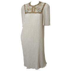 Mary McFadden Ivory/Multi Pleated Dress W/ Beading & Split 'V'
