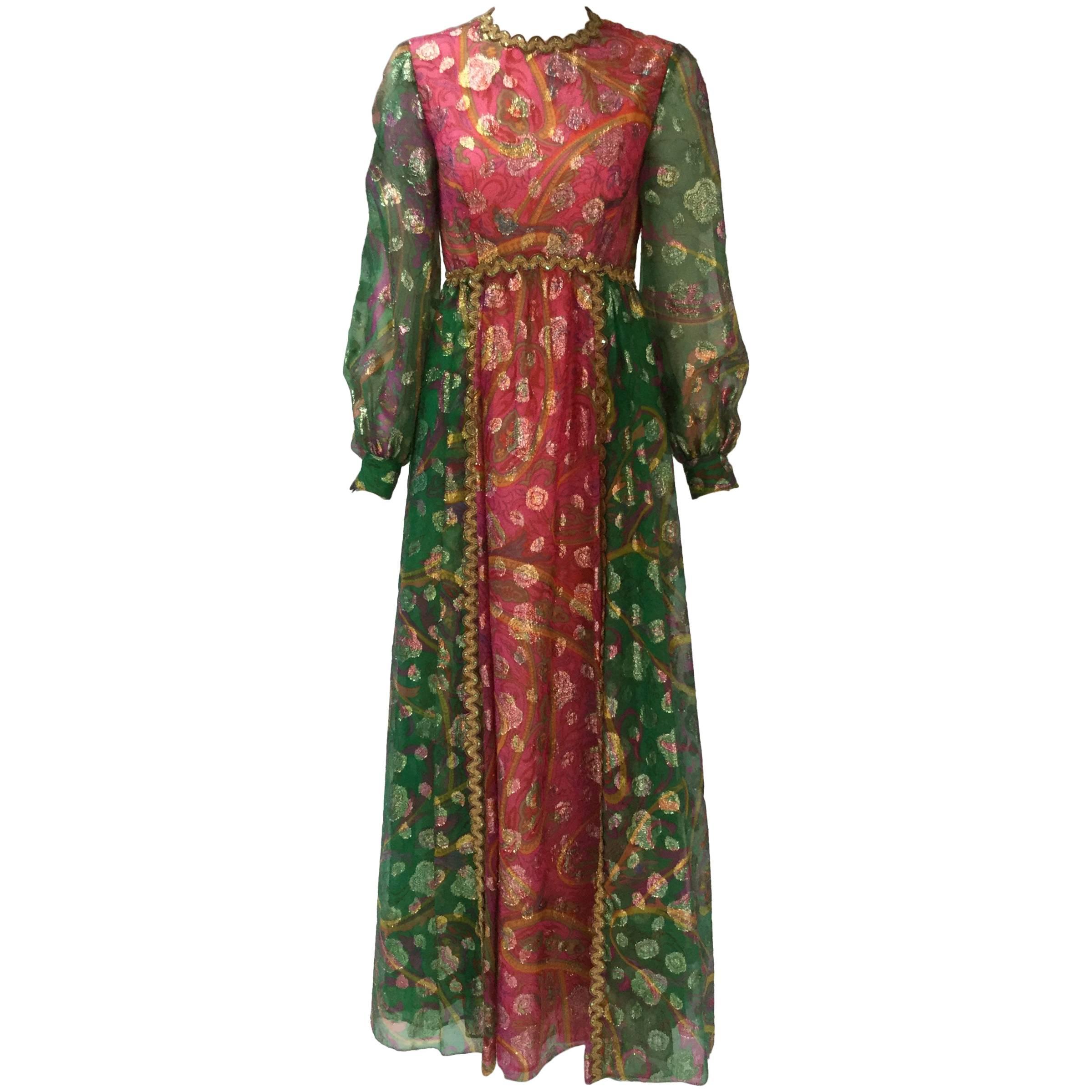1960s Gino Charles Green and Pink Metallic Maxi Dress For Sale