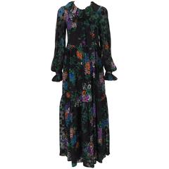 Vintage 1970s Yves Saint Laurent Black Floral Silk Tiered Dress -- Museum Deaccession 