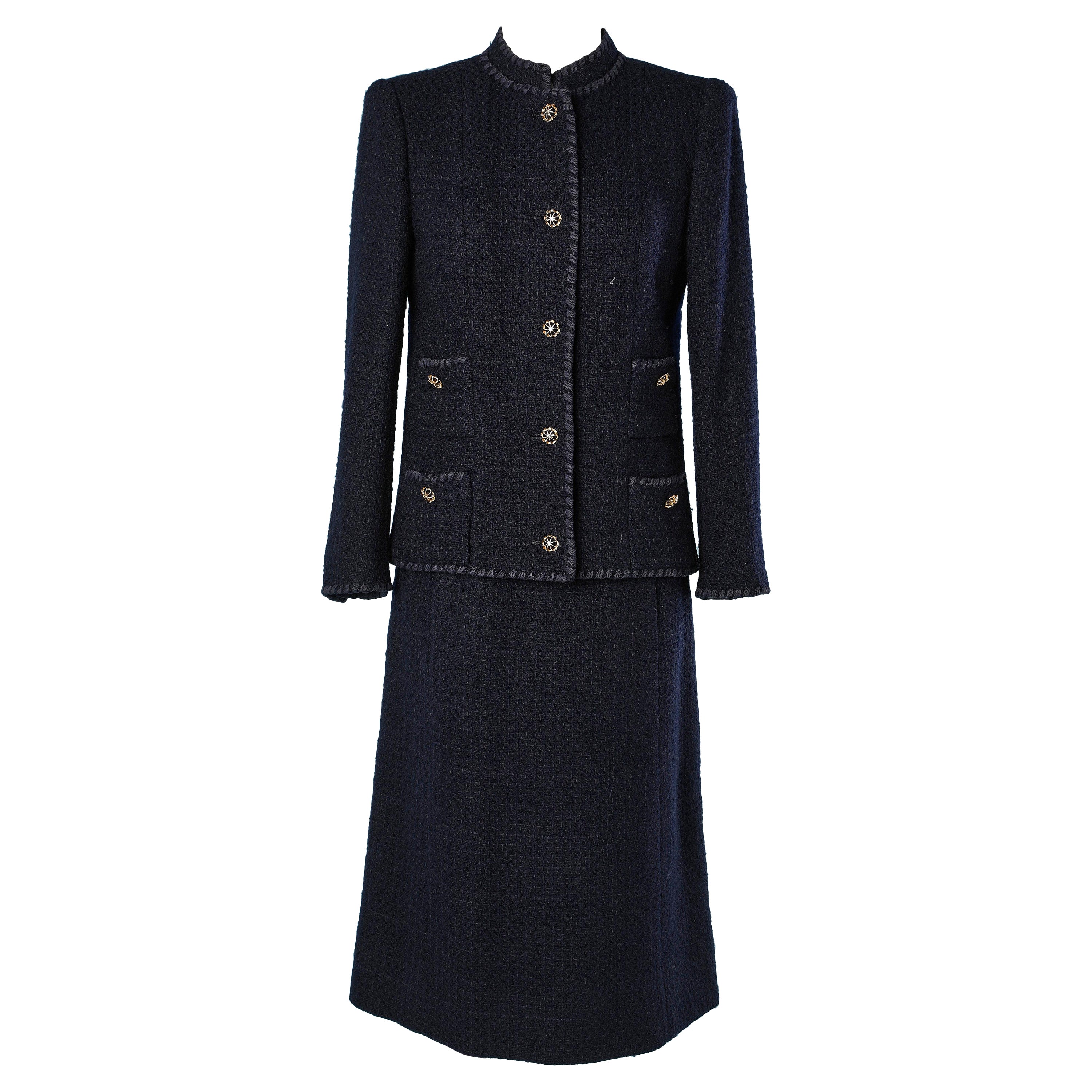 Gonna-suit blu navy in tweed di lana  France de Kergal Circa anni '70