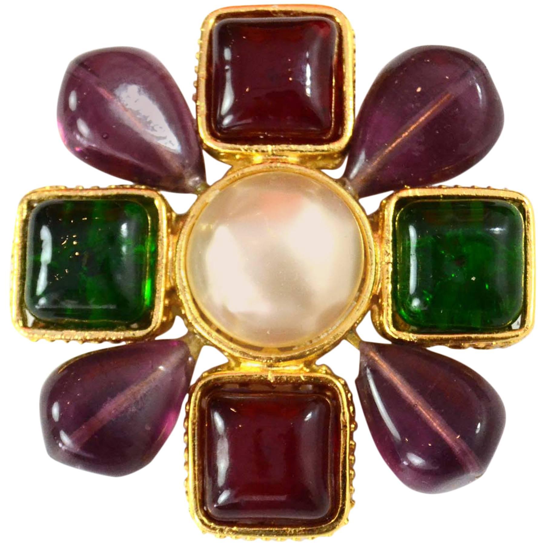 Chanel Purple and Green Gripoix Brooch w/ Center Faux Pearl