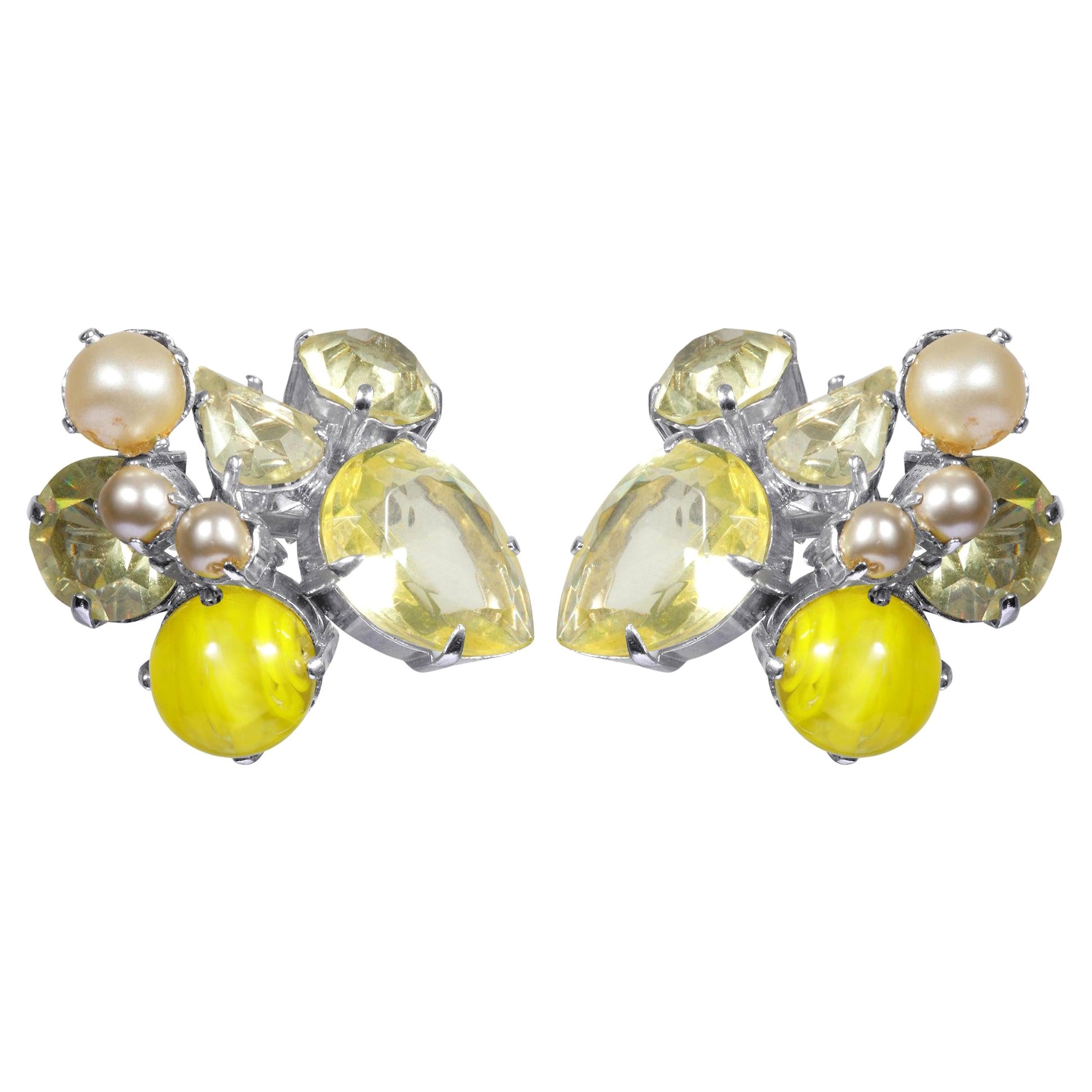1961 Christian Dior Yellow and Pearlescent Cluster Earrings For Sale
