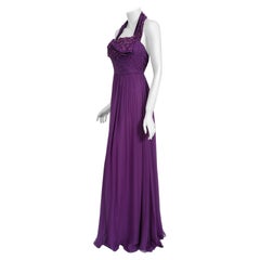 Vintage 2009 Christian Dior by Galliano Beaded Purple Silk Halter Backless Gown