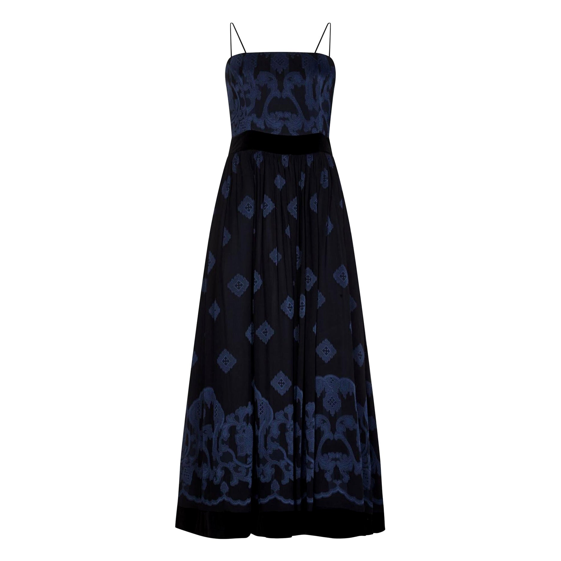 1990s Louis Feraud Embroidered Blue Silk and Black Velvet Dress For Sale