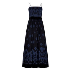 Vintage 1990s Louis Feraud Embroidered Blue Silk and Black Velvet Dress