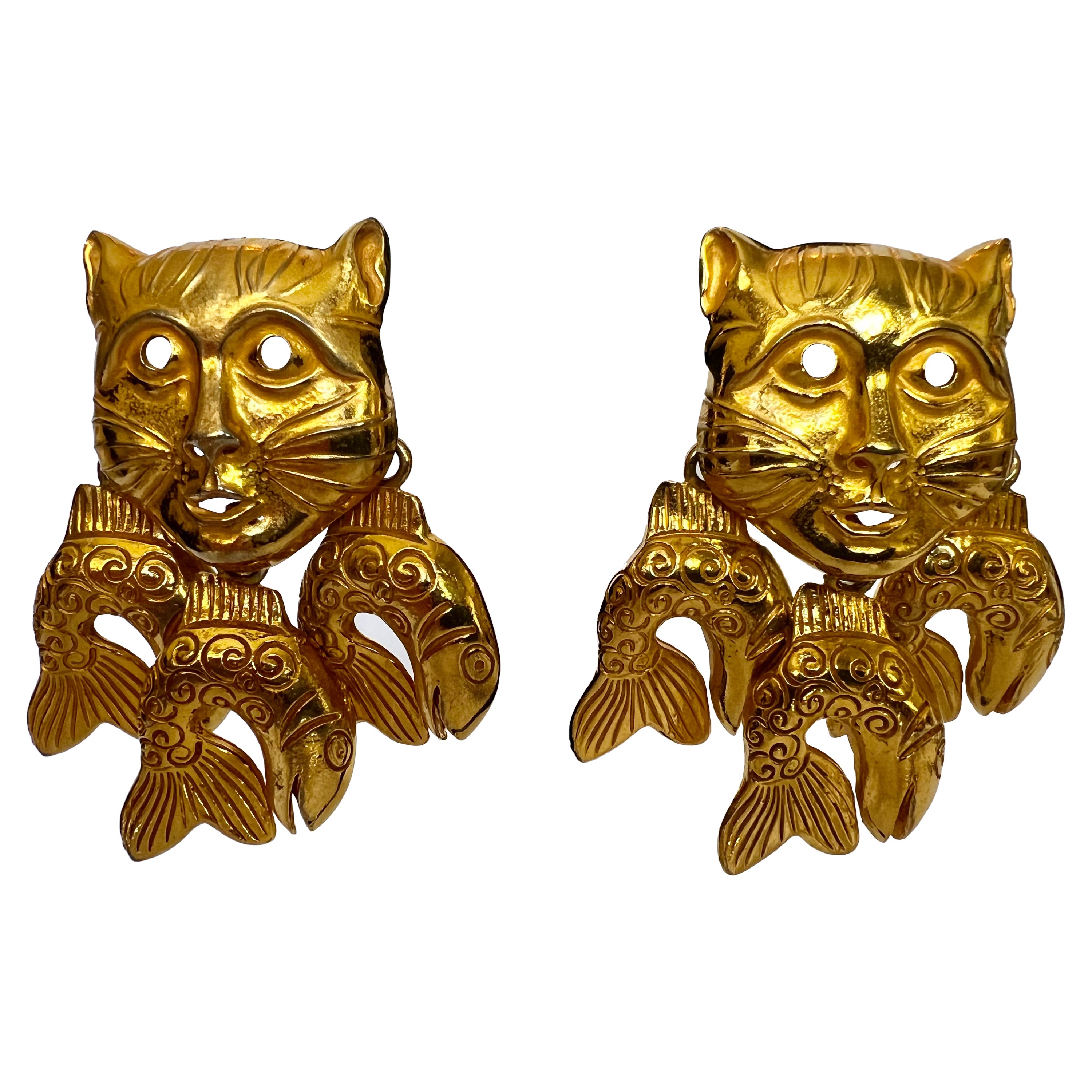 Isabel Canovas Vintage Gilt Cat Dangle Earrings