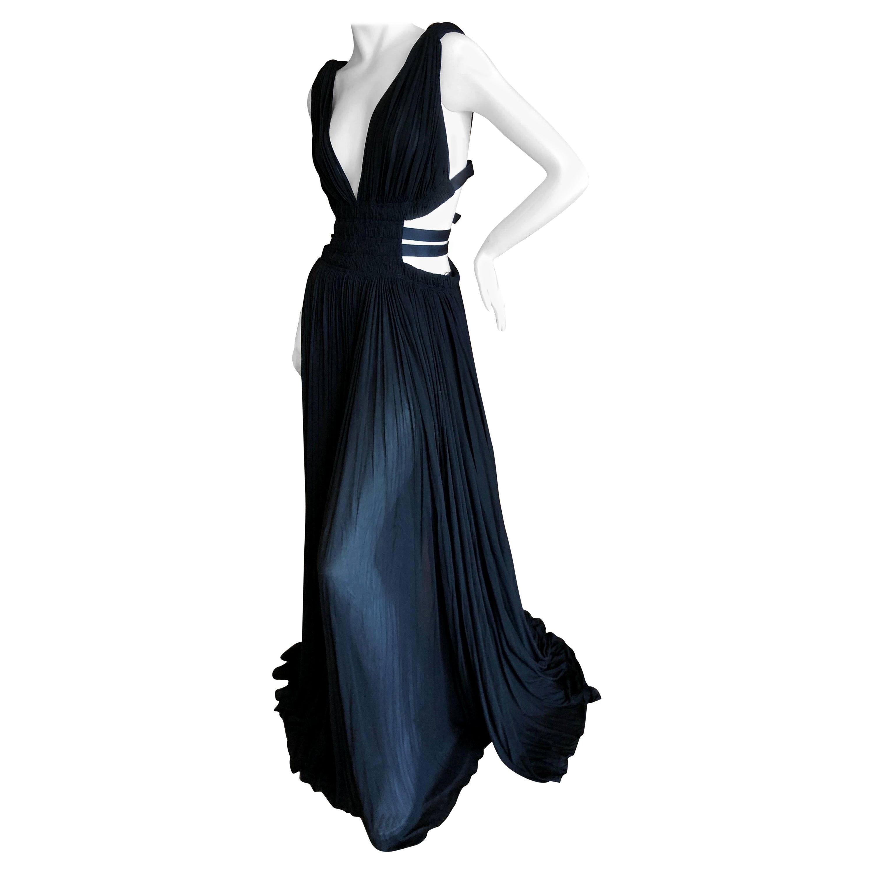 Azzedine Alaia 2004 Semi Sheer Black Pleated Goddess Gown with Side Straps For Sale
