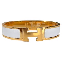Hermes Clic H Enamel Bangle Bracelet White with Yellow Gold PM