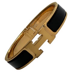Hermes Clic H Enamel Bangle Bracelet Black with  Gold PM