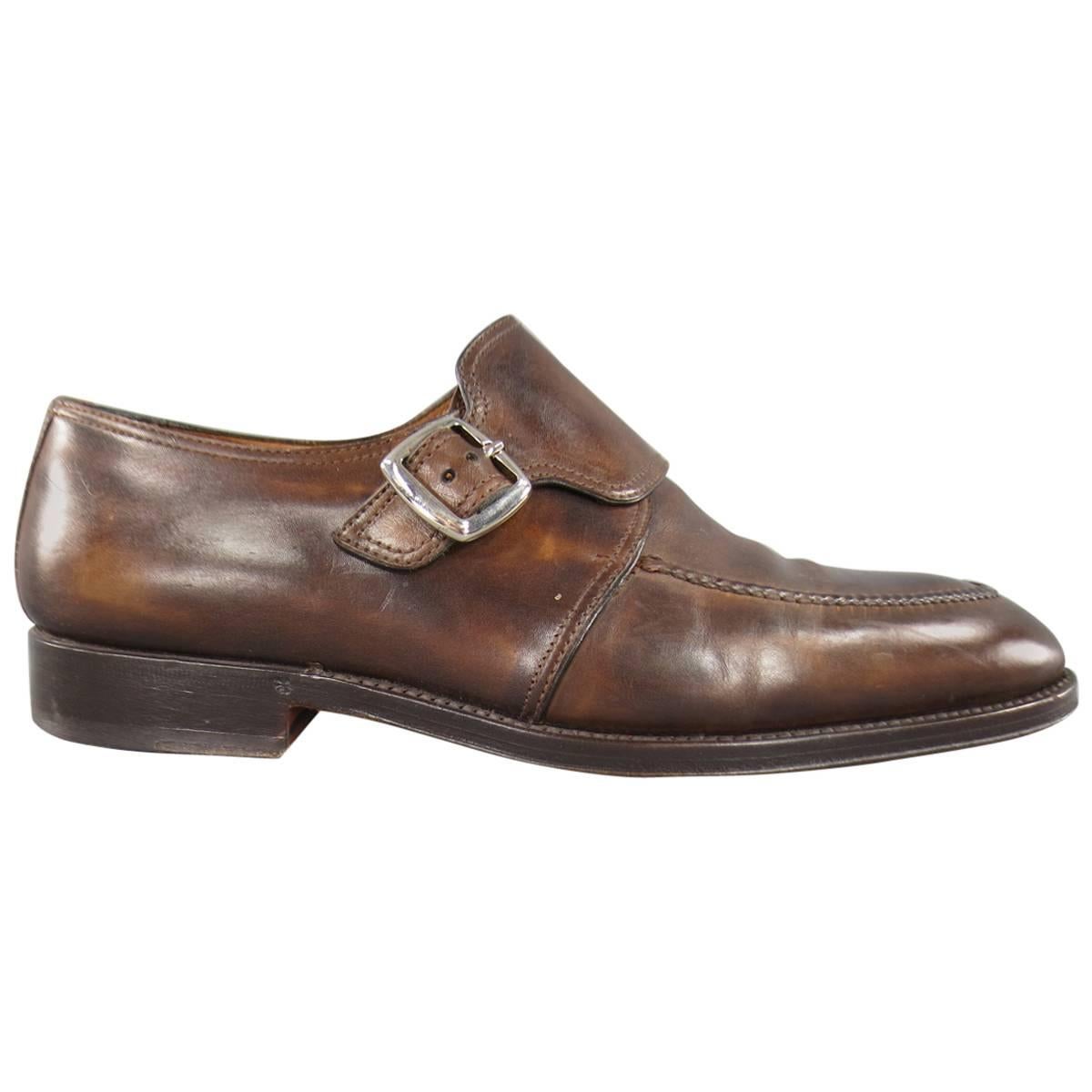 BONTONI Size 10 Men's Brown Leather Monk Strap Top Stitch Loafers