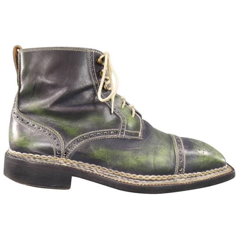 BETTANIN and VENTURI Size 8 Men's Green Distressed Leather Wingtip ...