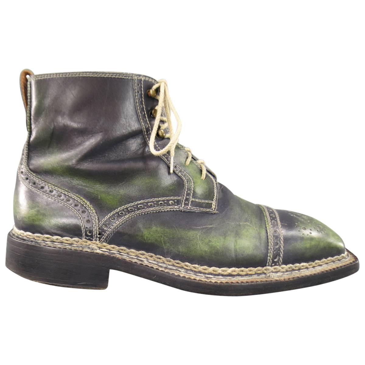 BETTANIN & VENTURI Size 8 Men's Green Distressed Leather Wingtip Boots