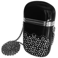Oscar De La Renta Black and White Laser Cut Leather Silver Chain Crossbody Bag 12