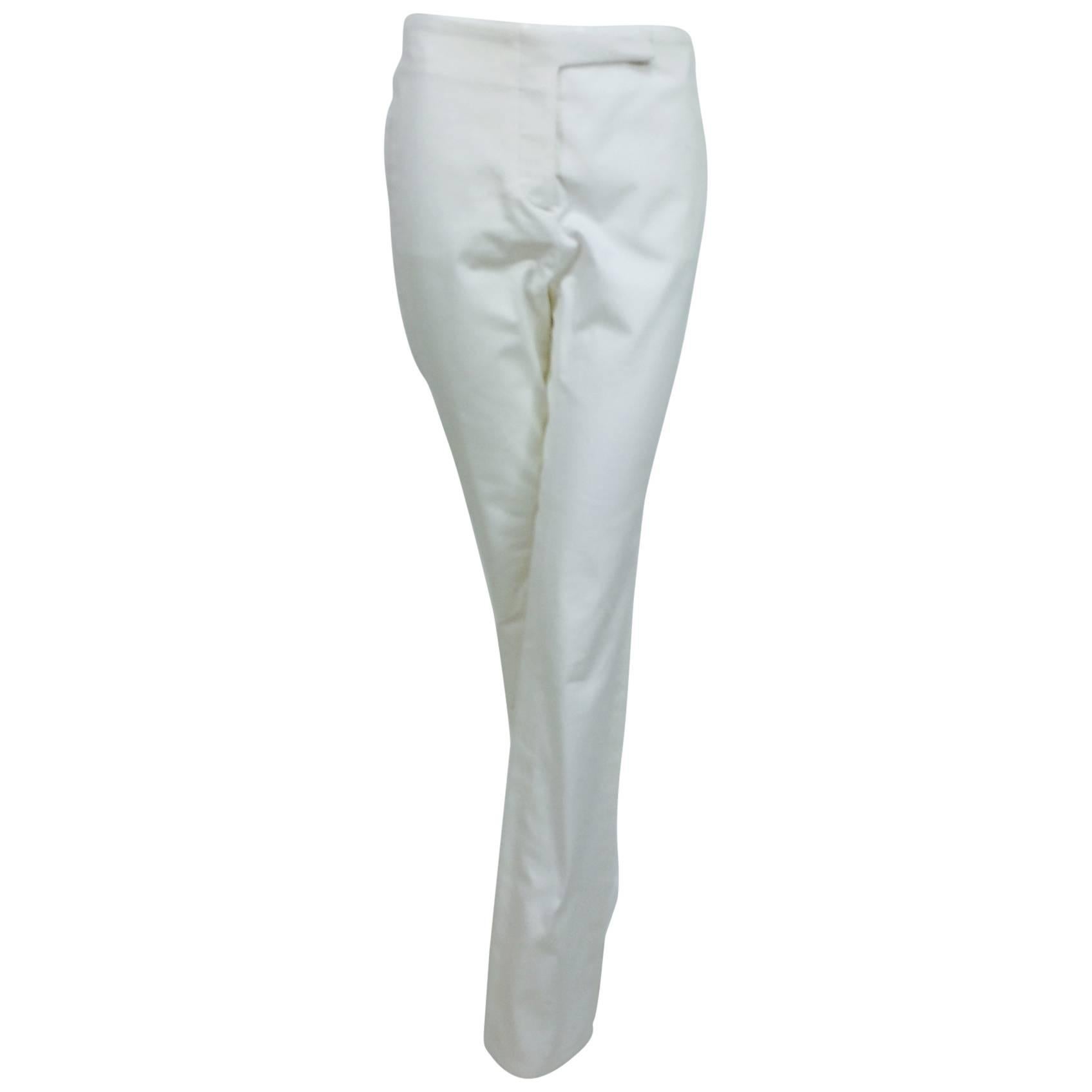 Vintage Chanel white cotton twill buckle back fly front trousers 1990s ...