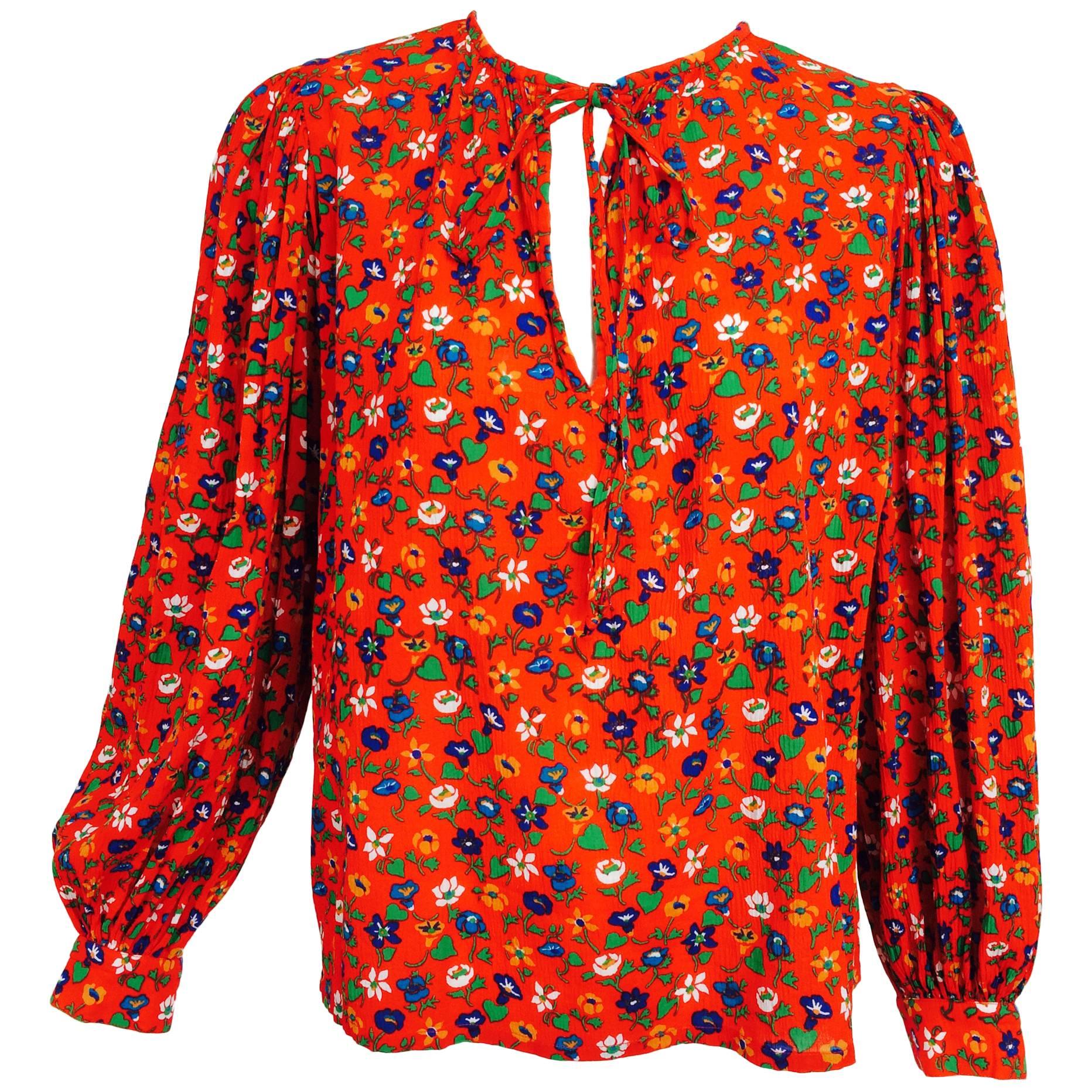 VIntage Yves Saint Laurent YSL Red cotton crepe calico peasant blouse 1960s