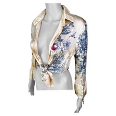 Roberto Cavalli S/S 2003 Tattoo Print Plunging Silk Shirt Blouse Top