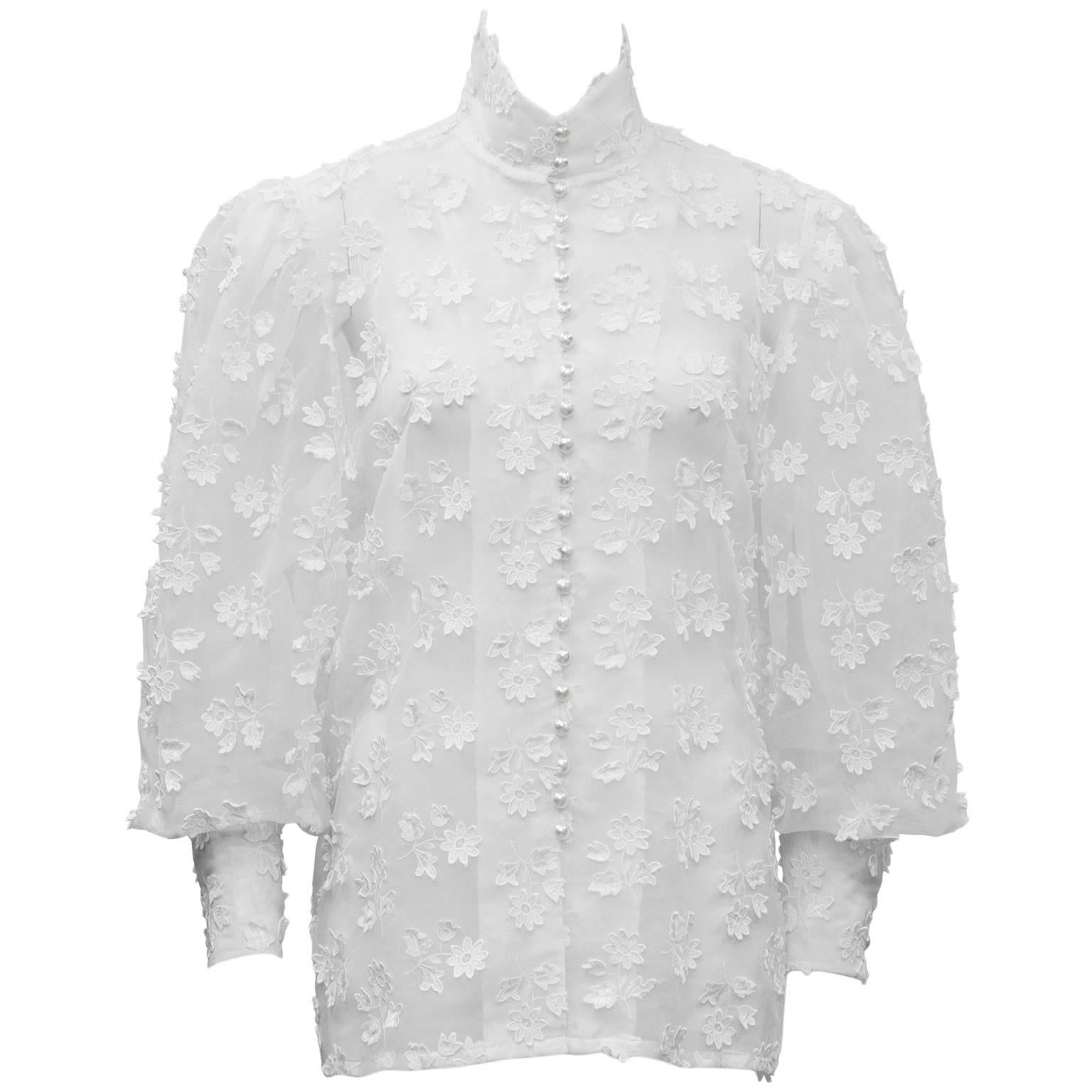 1980's Renzo Couture White Floral Applique Blouse
