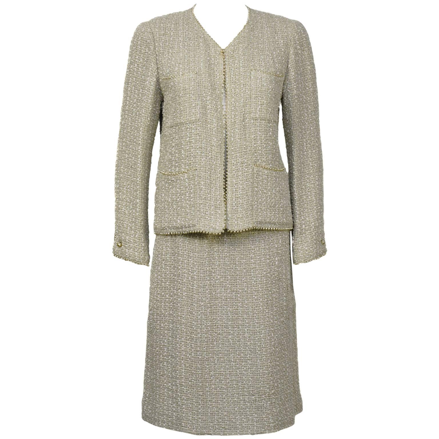 CHANEL- Lace Trim Pink Tweed Jacket Skirt Suit Set CC Buttons 38 US 6  Vintage For Sale at 1stDibs