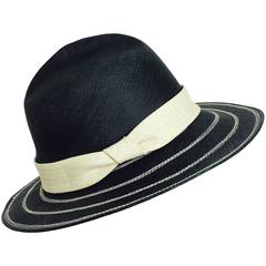 Vintage James Galanos black & ivory straw fedora hat 1960s