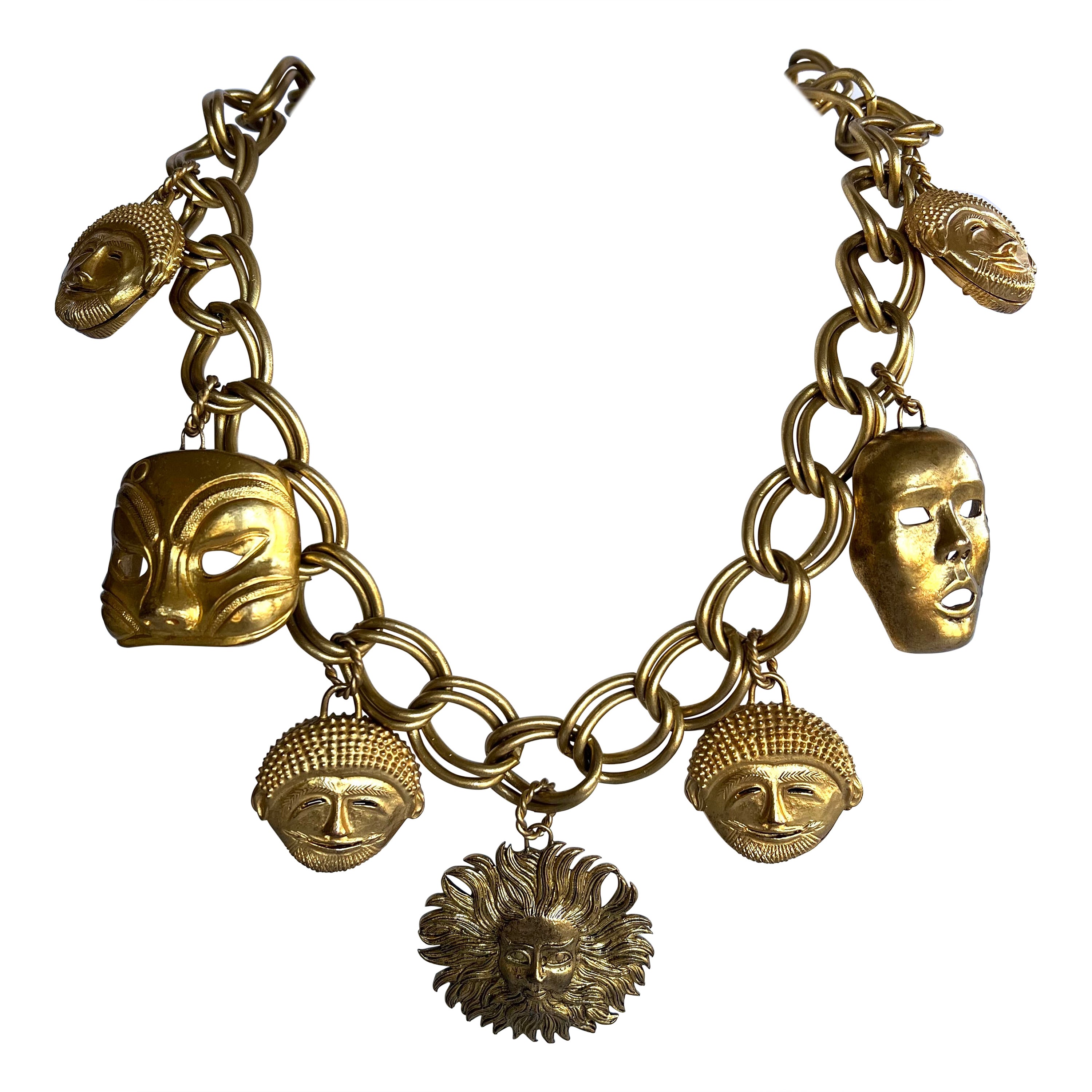 Isabel Canovas Vintage Gilt Mask Charm Necklace
