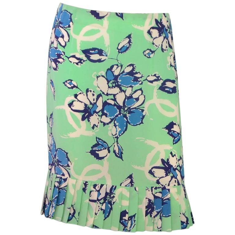 Chanel Green and Blue Silk CC Floral Print Skirt Sz 42 For Sale at 1stDibs